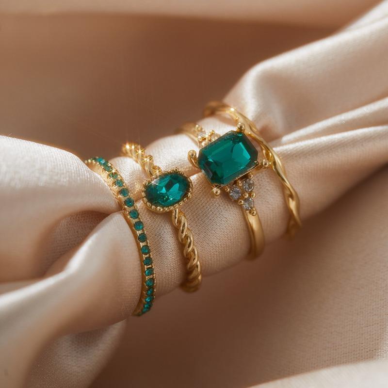 

Huajie 4Pcs/set Elegant Dark Green Zirconia Inlaid Women s Ring Luxury Charming New Ring Accessories Trendy 9 золотий