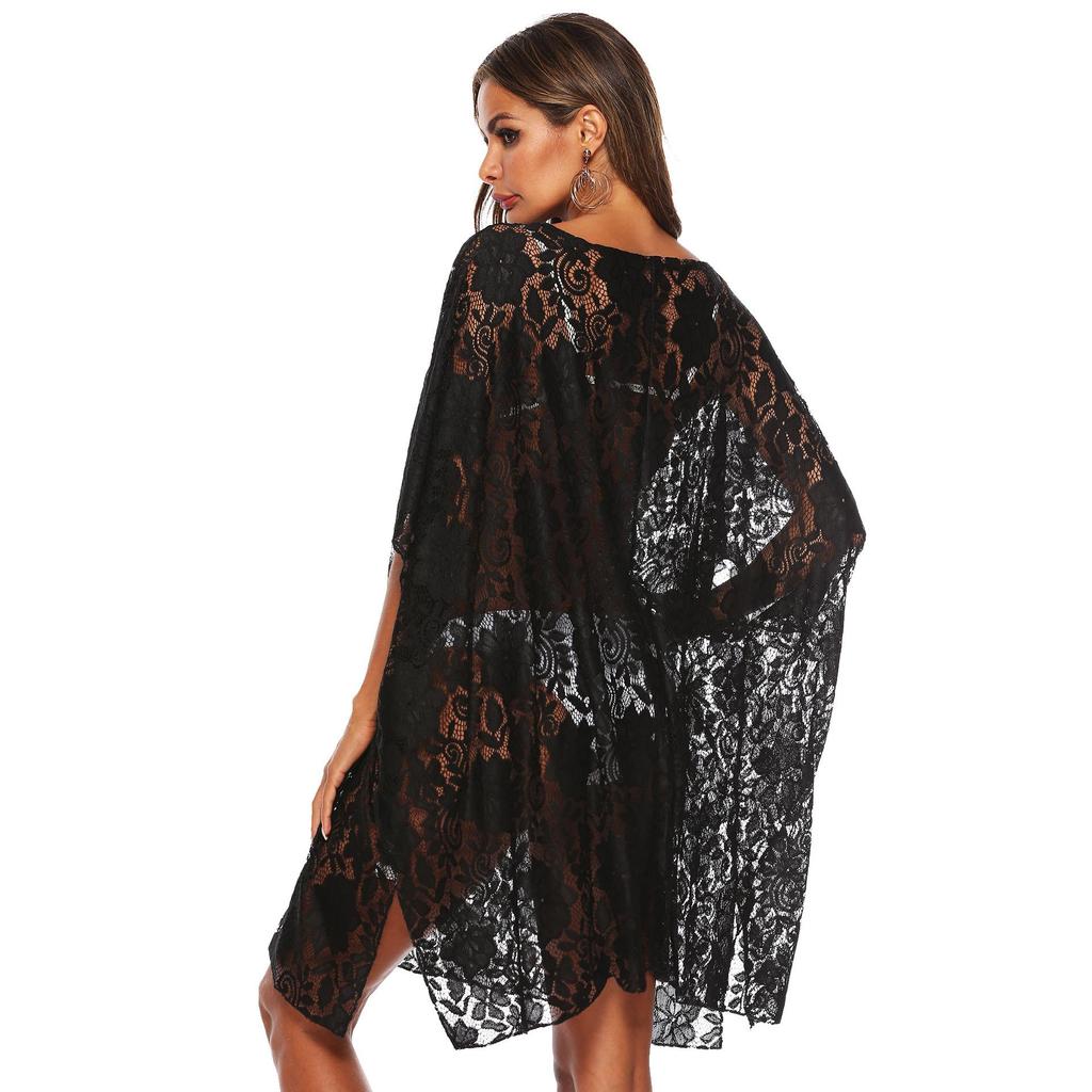 Solid Lace Sexy Sun Protection Black Perspective Deep V-slit Beach Bikini Cover Up for Women