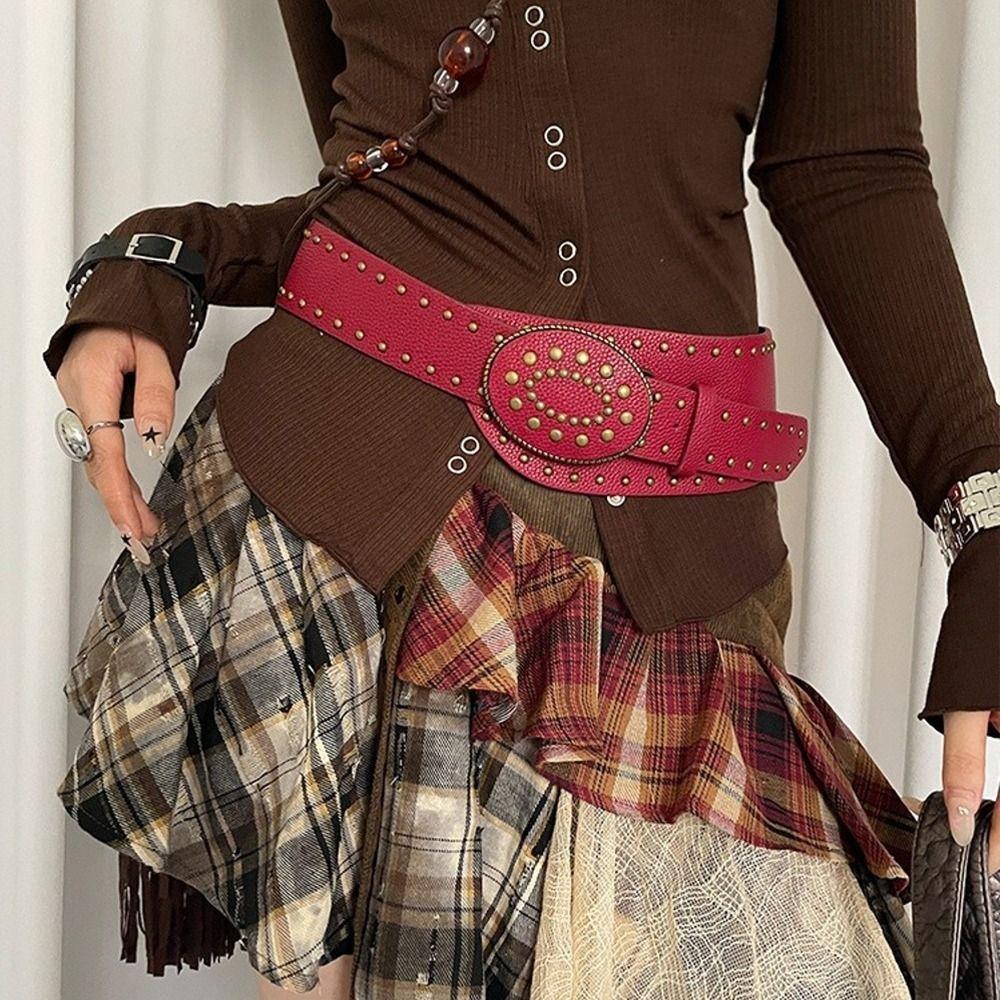 Vintage Women's Waist Belt Y2k Dress Jeans Belt American Rivet Leather Belt Waist Accessories
