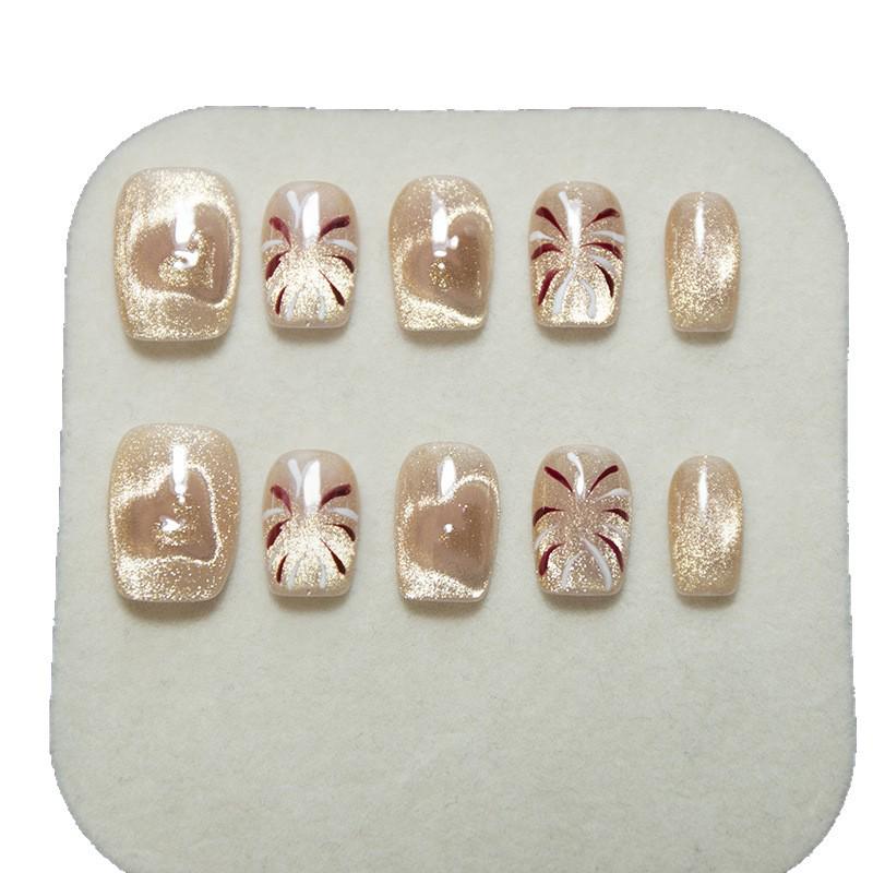 Autumn/Winter Champagne Bling Cat Eye Heart Fireworks Handmade Nails, Internet Celebrity Hot Item