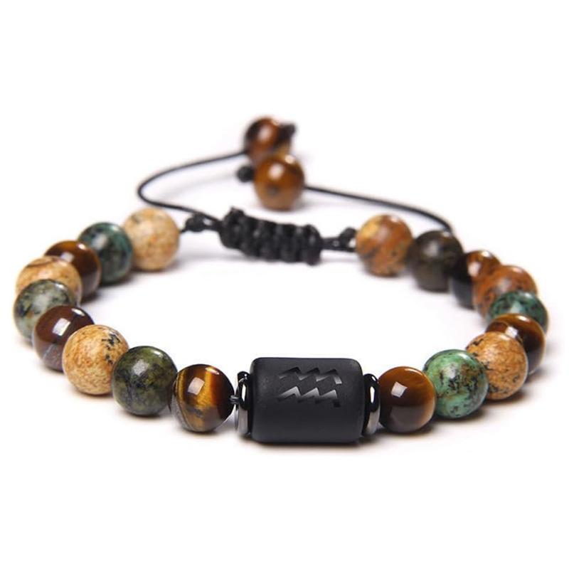 Natural Stone Tiger Eye Picture Jasper Round Beads 12 Constellation Bracelet for Men and Women Zodiac Signs Bracelet Aries
