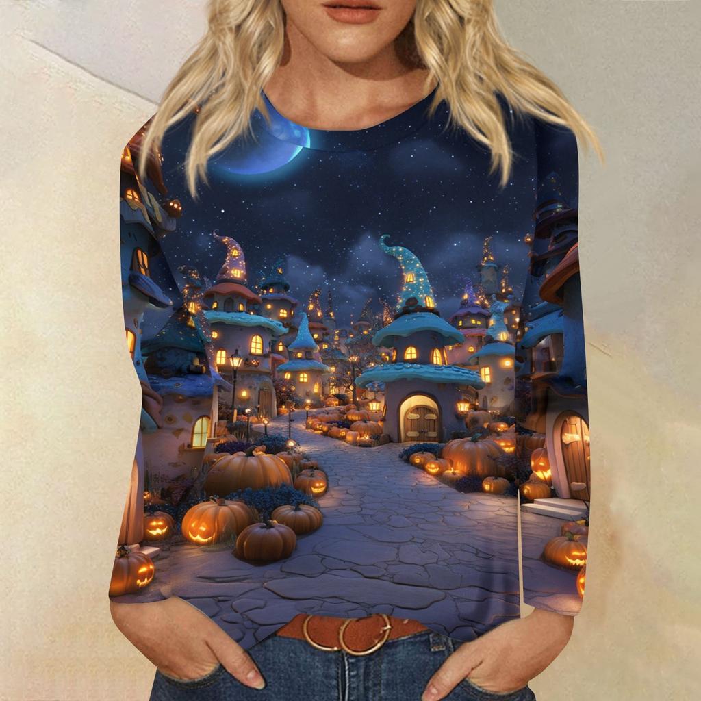 Women's Fashion Casual Long Sleeve Halloween Print Round Neck Top
