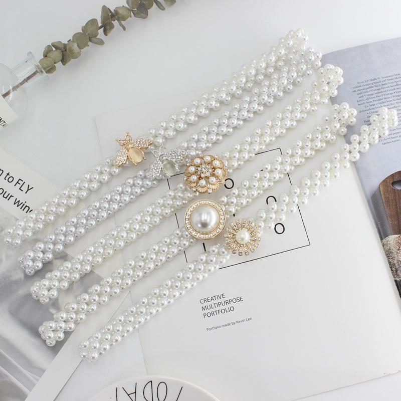 Women'S Rhinestone Pearl Waist Chain Dress Decorative Elastic Belt Women'S Sweet Flower Elastic Waist Seal