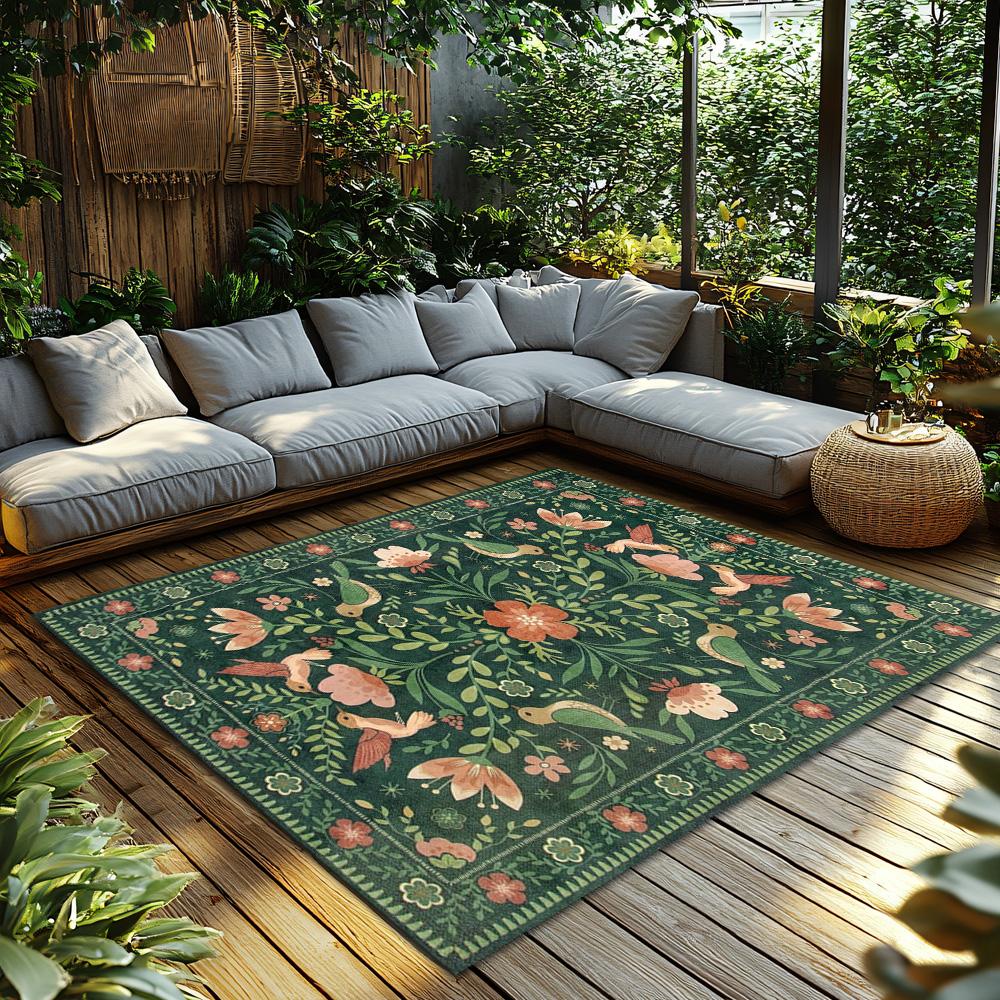 Dark Green Floral Bird Rug, Bohemian Garden Pattern Non-Slip Carpet, Pink Accent Living Room Mat for Nature Home Decor
