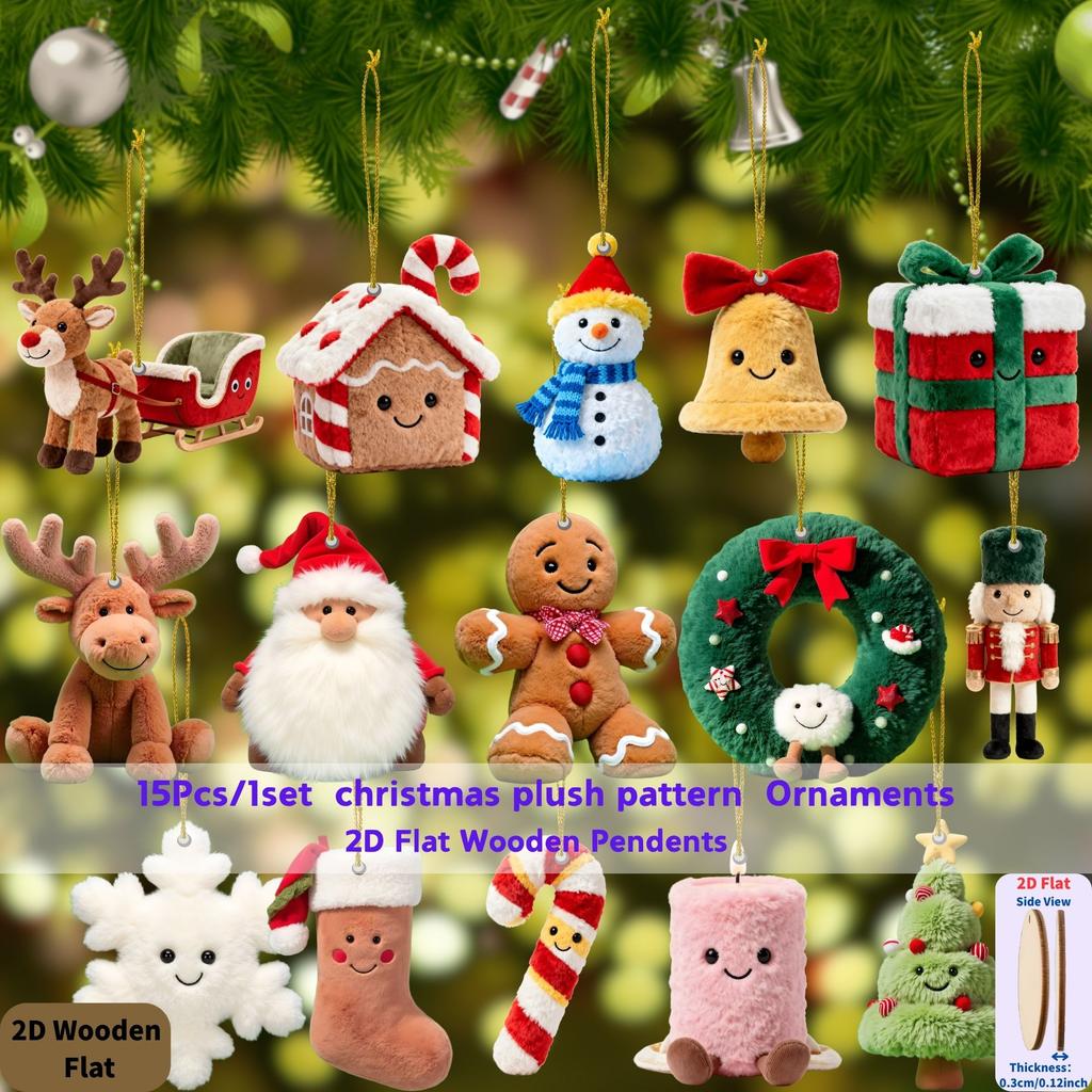 15Pcs Christmas Wooden Gingerbread Man Santa Claus 2D Flat Wooden Pendant Christmas Tree Decoration Perfect Holiday Gift Decors