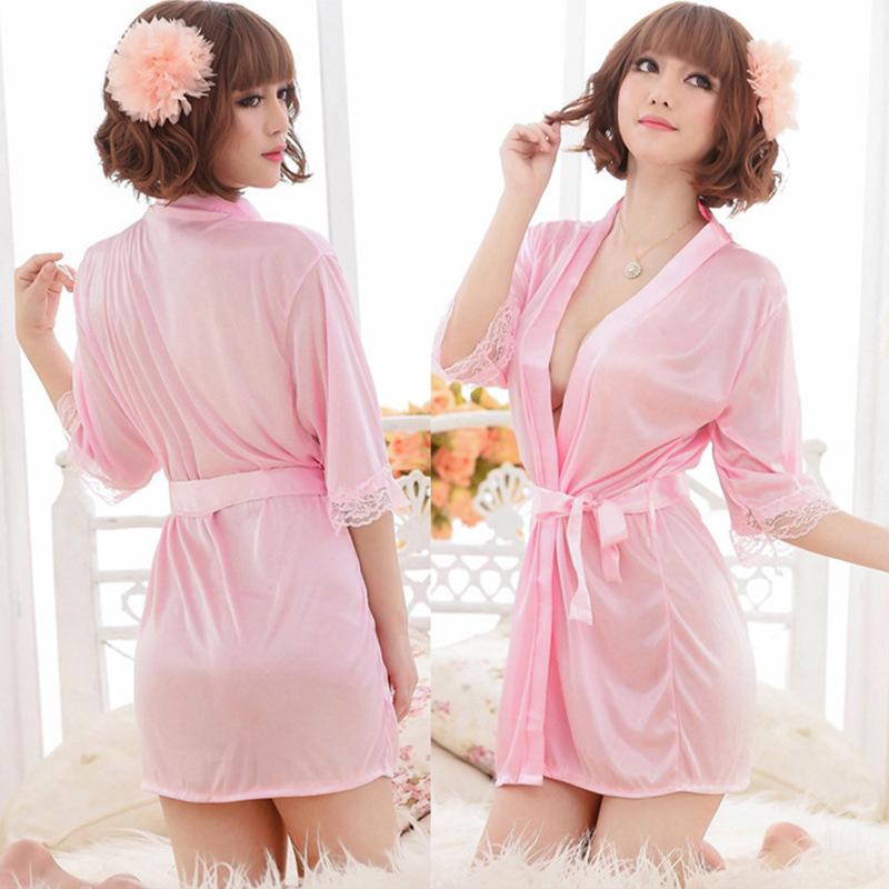 Fun underwear high-end long-sleeved ice silk nightgown pure desire sexy home bathrobe smooth large size fun