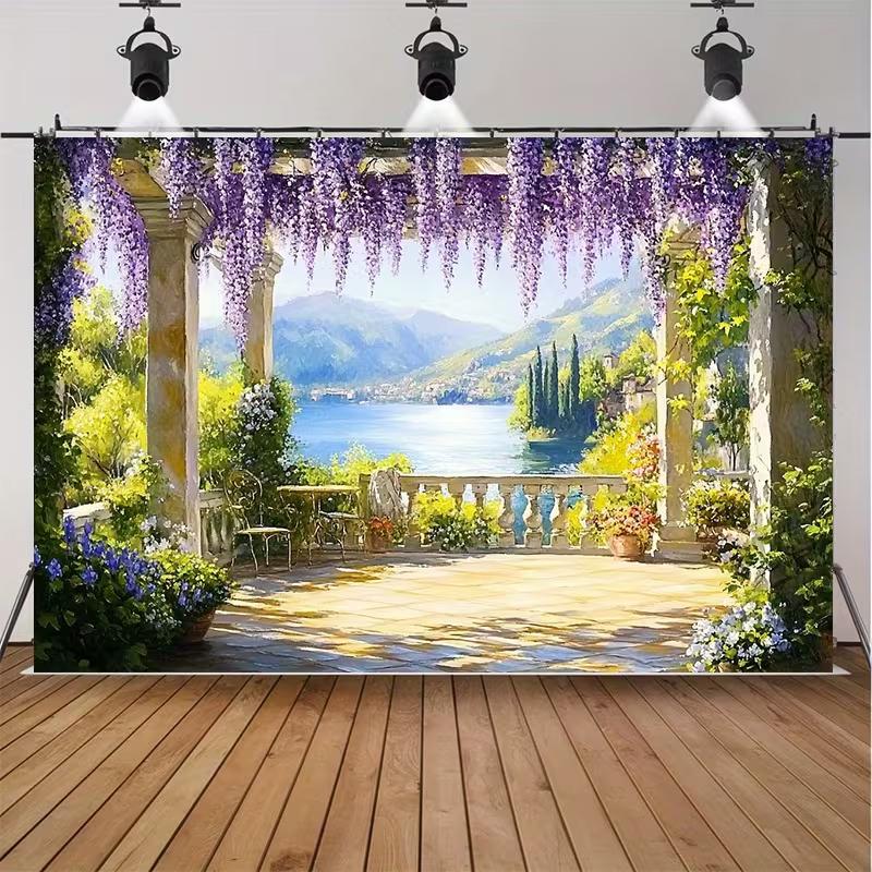 Wisteria Garden Balcony Tapestry, Lake Como Inspired Scenery with Purple Flowers for Living Room