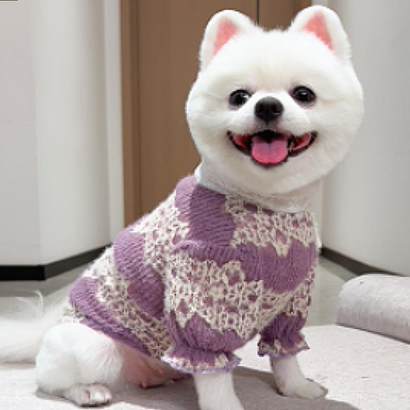 S-2XL Purple Pet Dog Sweater Autumn Winter Warm Dog Cat Clothes 1.5-10kg Lace Pet Sweaters for Small Medium Dogs