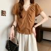 Korean Folds V-Neck Summer Blouse Fashion Shirring Drawstring Women's Clothing Vintage Single-breasted Basic Solid Color Shirts