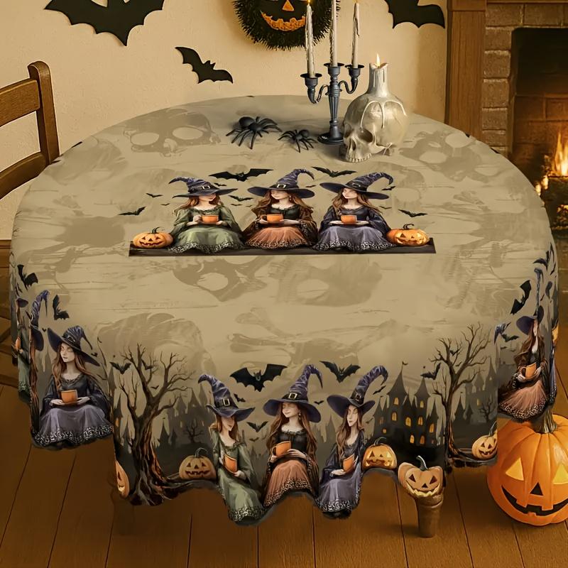 Ein vintage Halloween-Tischdecke mit Motiven von Hexen, Fledermäusen und Kürbissen, geeignet für die Heimdekorationzyc