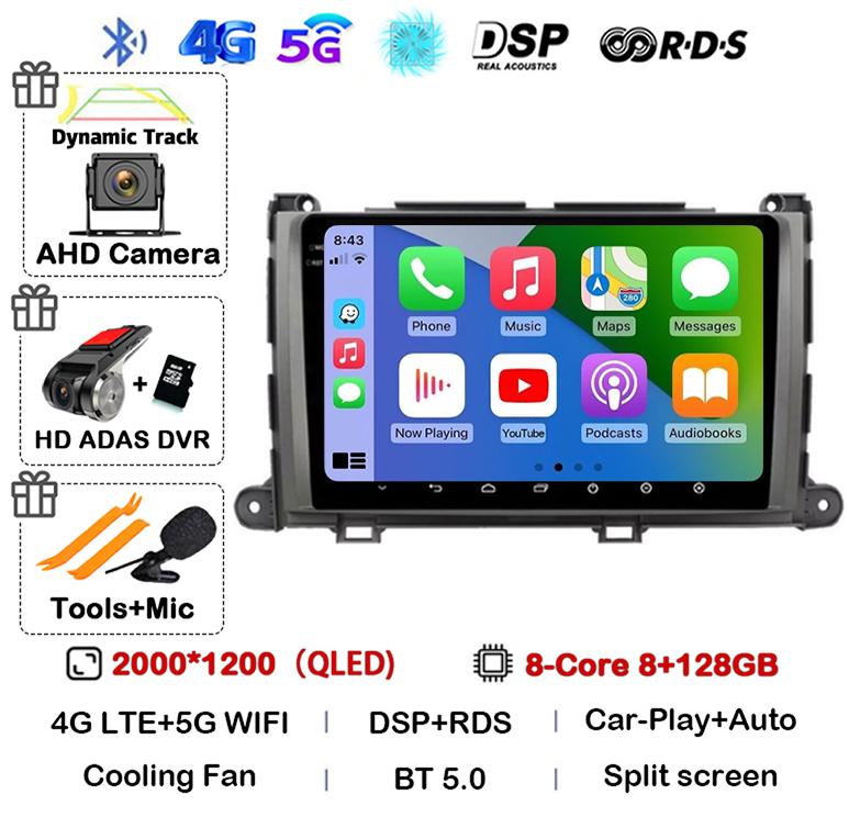 Android 14 Carplay Car Radio Player for Toyota Sienna 2009 2010 2011 2012 2013 2014 2Din Multimedia Autoradio Navigation GPS DSP