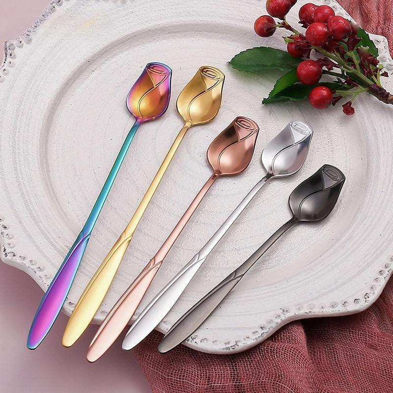 Long Handle Coffee Spoon Stainless Steel Rose Stirring Spoon Unusual Flower Scoop Tiny Teaspoon for Dessert Ice Cream Nice Gift
