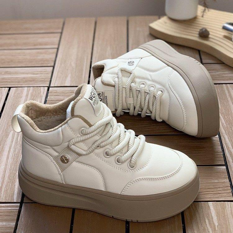 Women's High-Top Leather Sneakers: 2025 Autumn/Winter Thick-Soled Plus Velvet Warm Casual Shoes