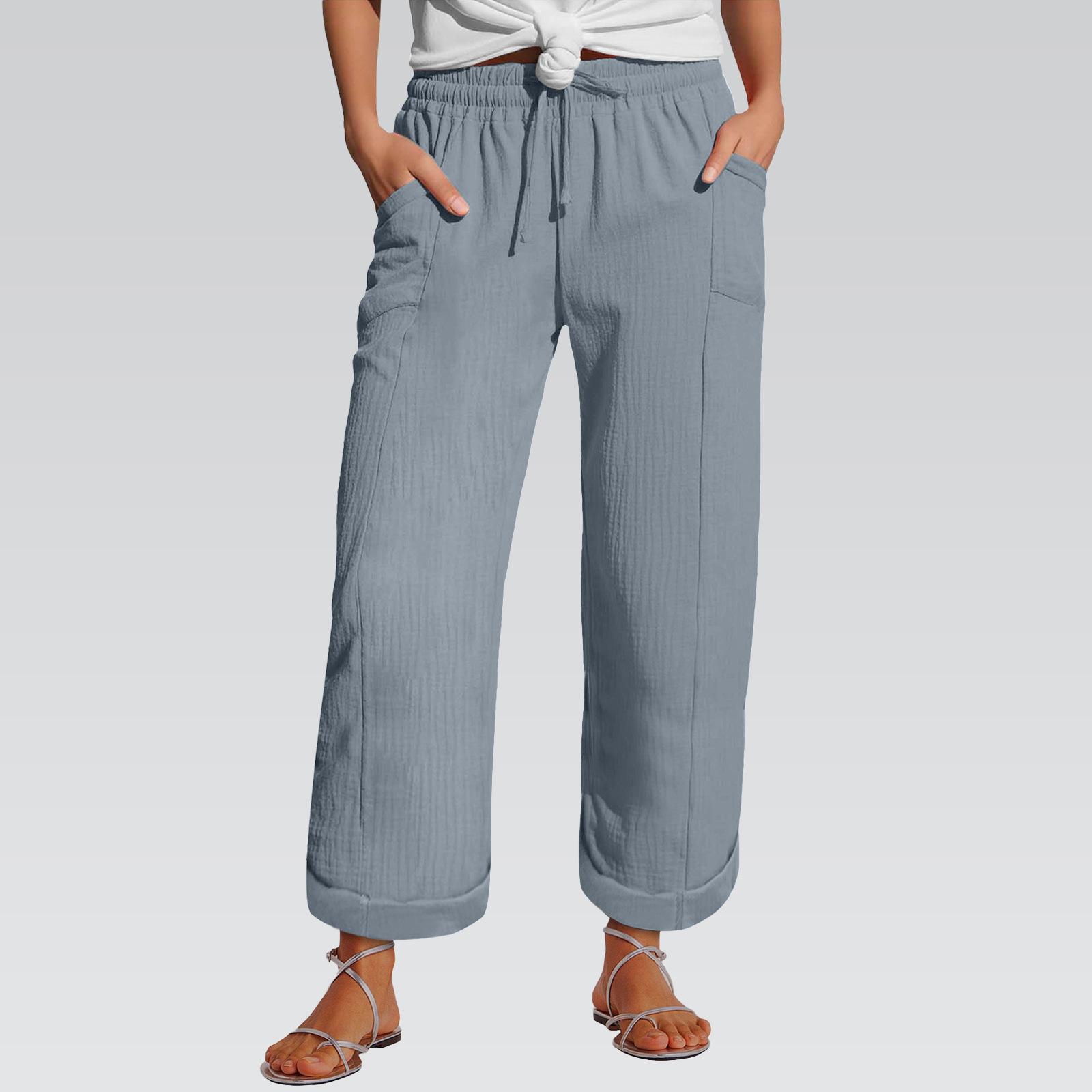 Womens High Waist Drawstring Loose Wide Leg Cotton Linen Long Pants Summer S