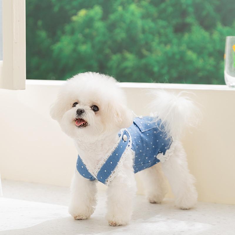 Summer Denim Dog Dress Dot Bow Pet Suspenders Luxury Dog Clothes Cat Outfits Chihuahua Bichon Yorkie Girls Dog Skirts Jeans New