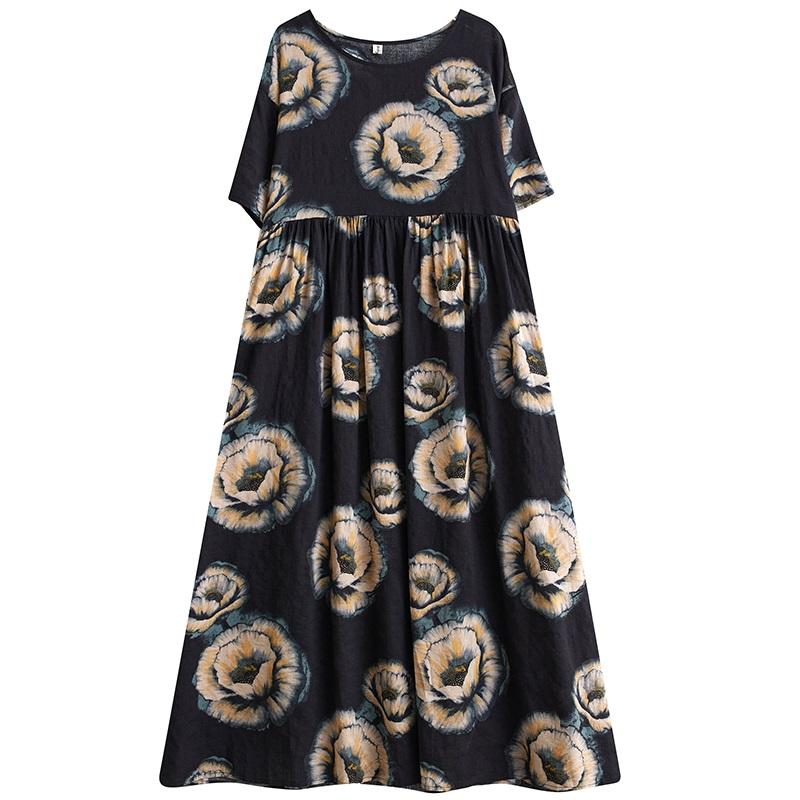 Kortärmad Plus size bomull vintage blommig ny i klänningar för kvinnor avslappnad lös lång sommarklänning