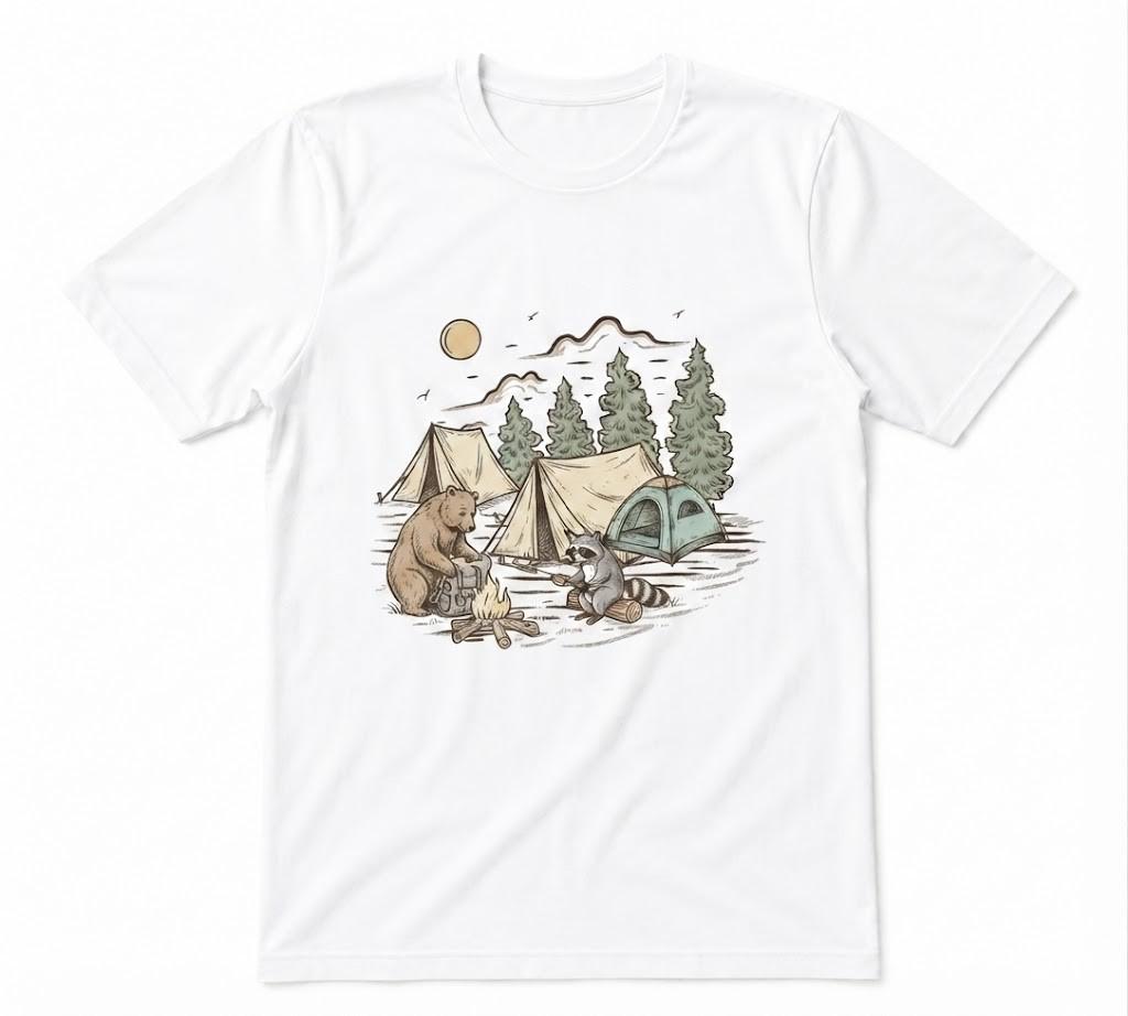 Camping Animals Graphic Bear Raccoon Campfire White T-shirt