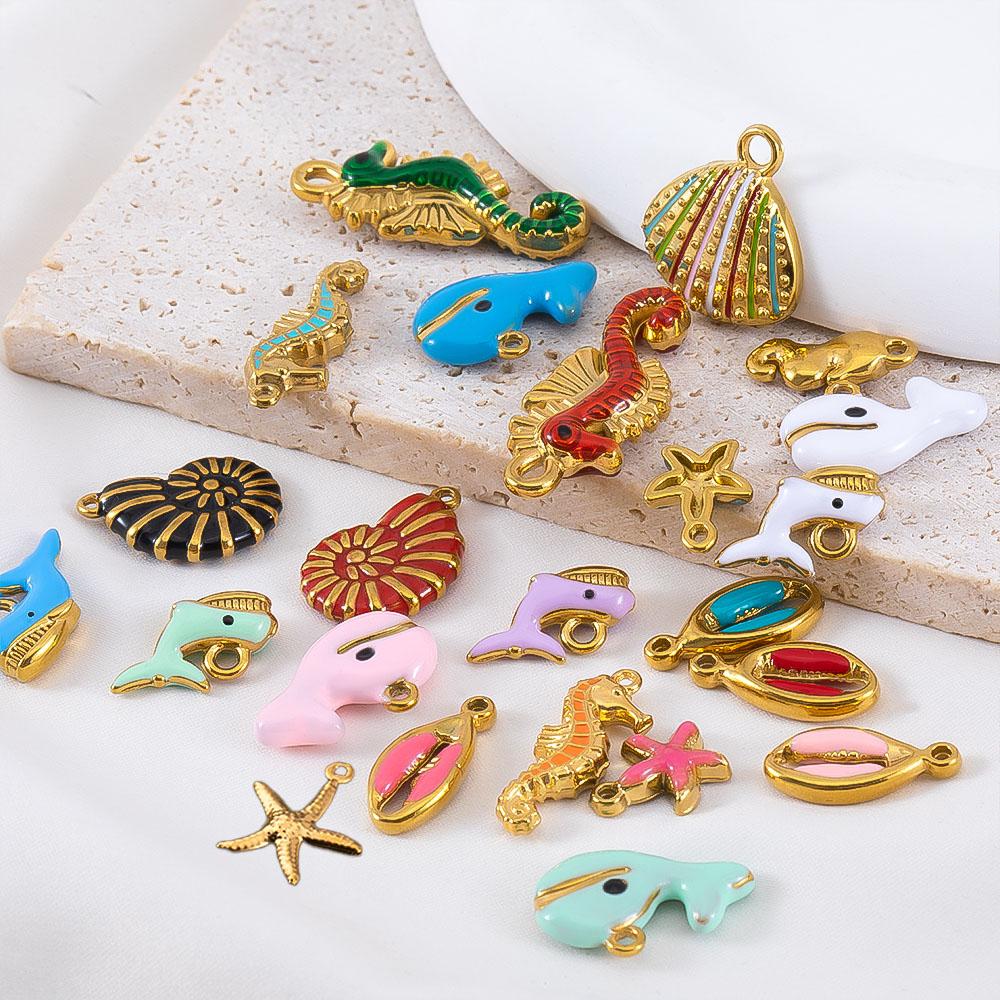 2pcs Stainless Steel Ocean Animals Pendant Whales Seahorses Conch Shells Marine Bracelets Earrings Charm for Jewelry Making Gift