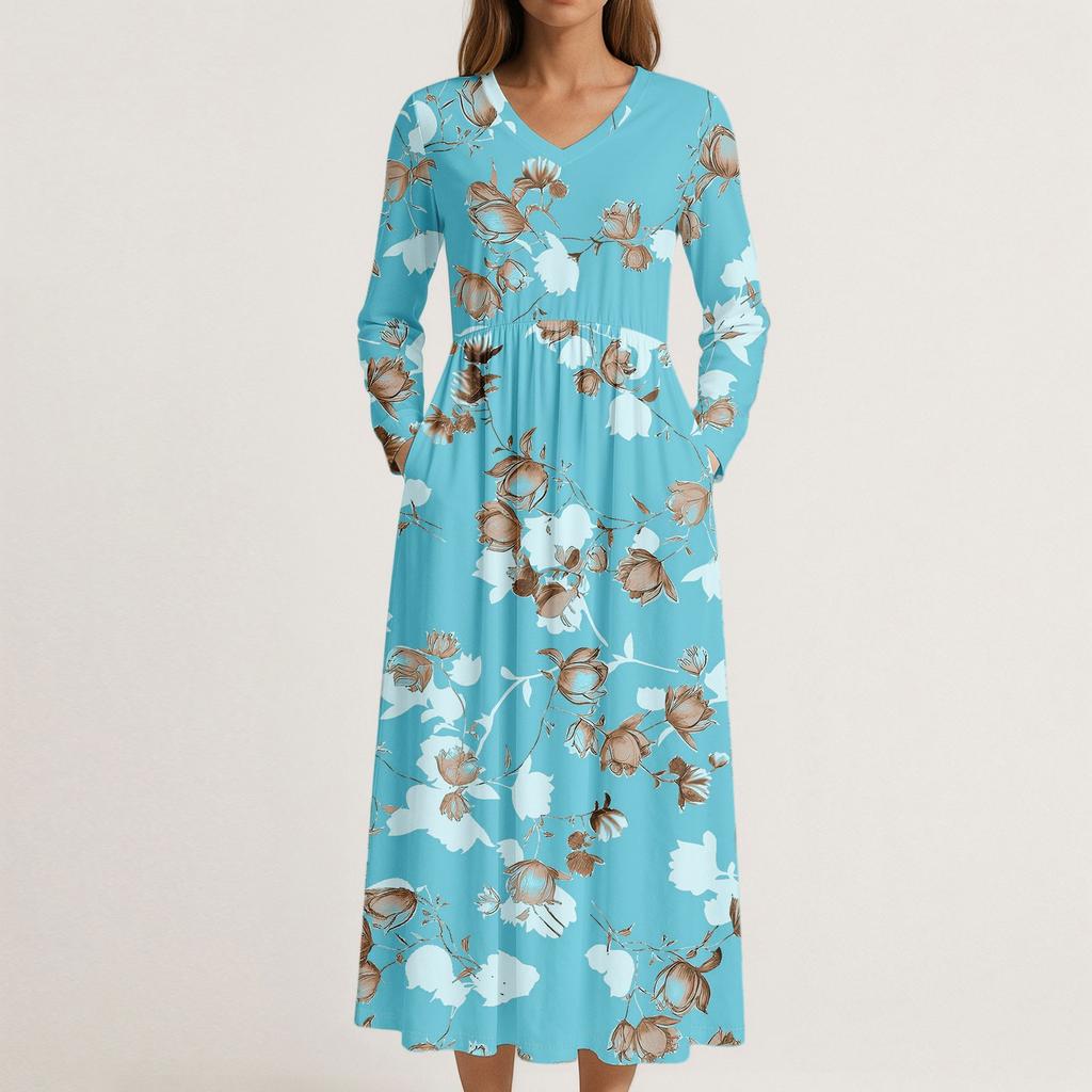 Kjole for kvinner Lang Boho Strandkjole Elegant Maxikjole V-hals Langermet Kjole med Lommer