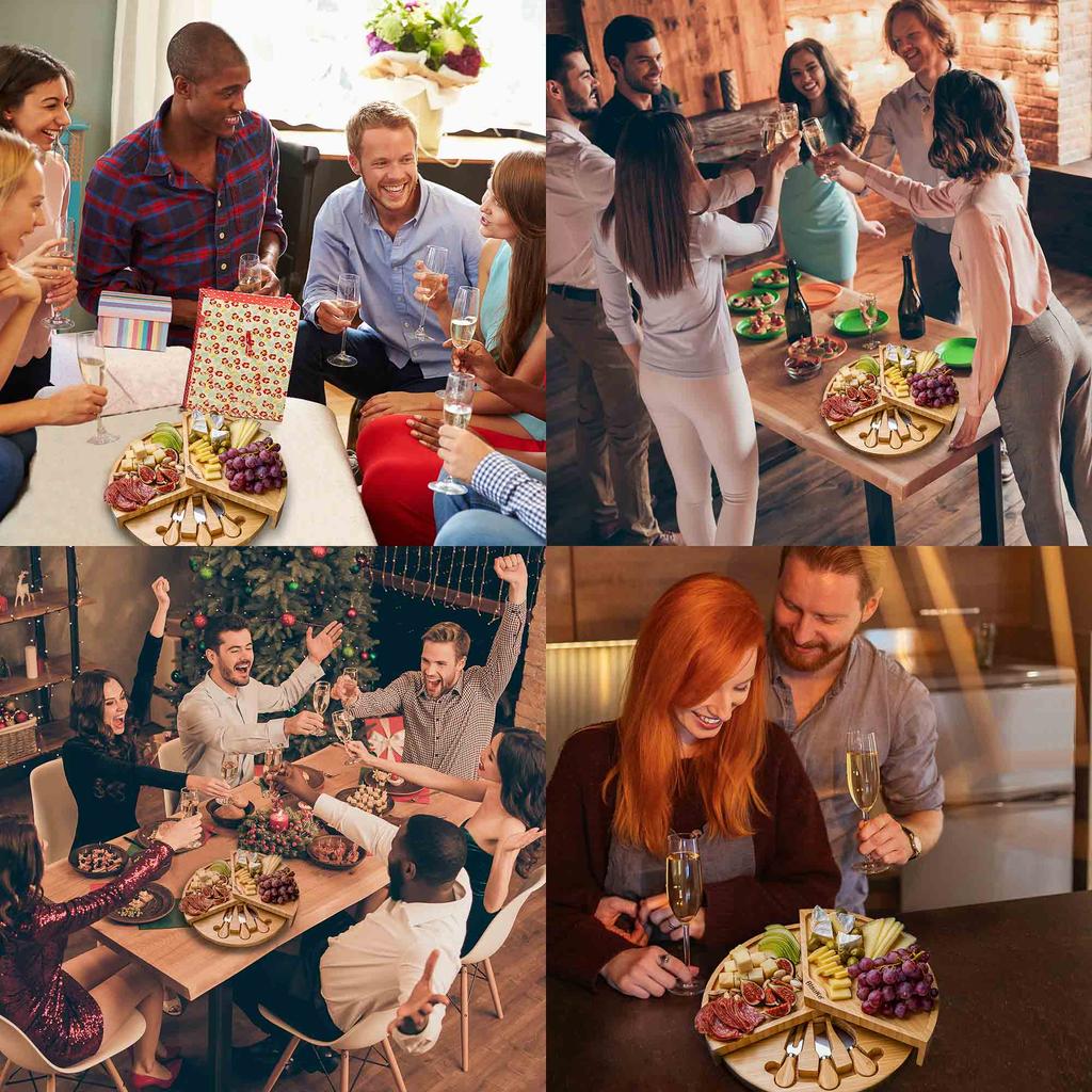 Bamboo Cheese Board Set - 37cm Swiveling Charcuterie Board with Slide-Out Drawer - Anniversary Birthday Housewarming Gift