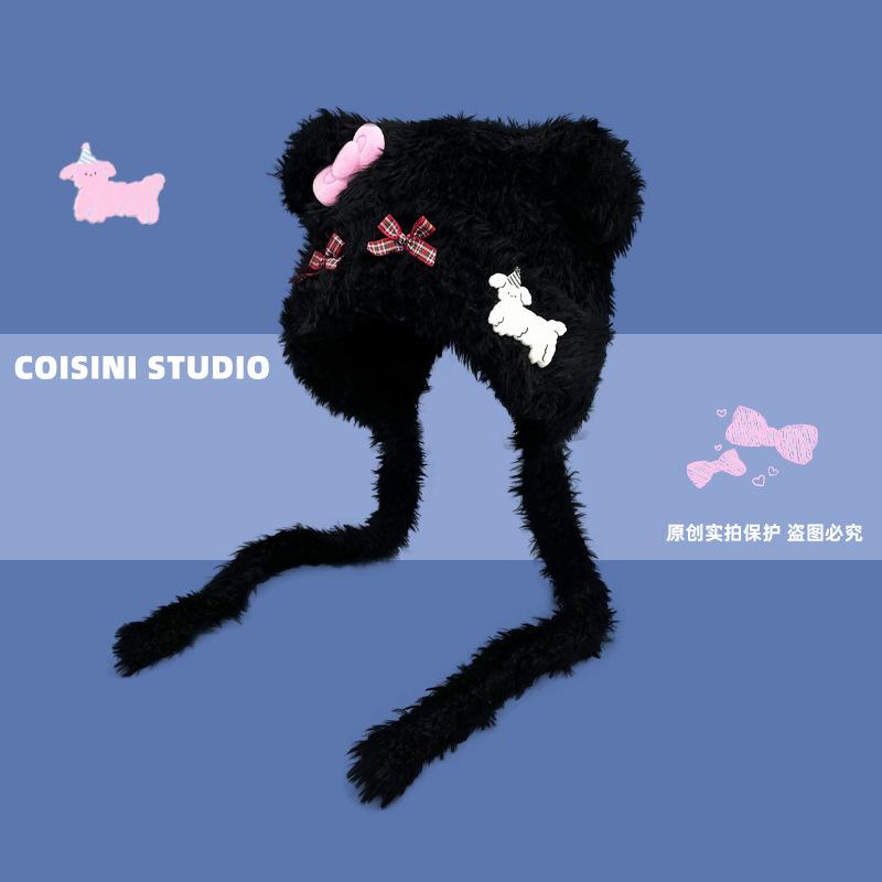 

Sweet bow bear ears plush hat women s knitted plush face small warm ear protector Lei Feng hat One size fits all