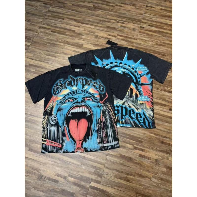 Mens Oversized Graphic Tee With Skull Print Washed Vintage Cotton T-Shirt Loose Fit Short Sleeve Crew Neck