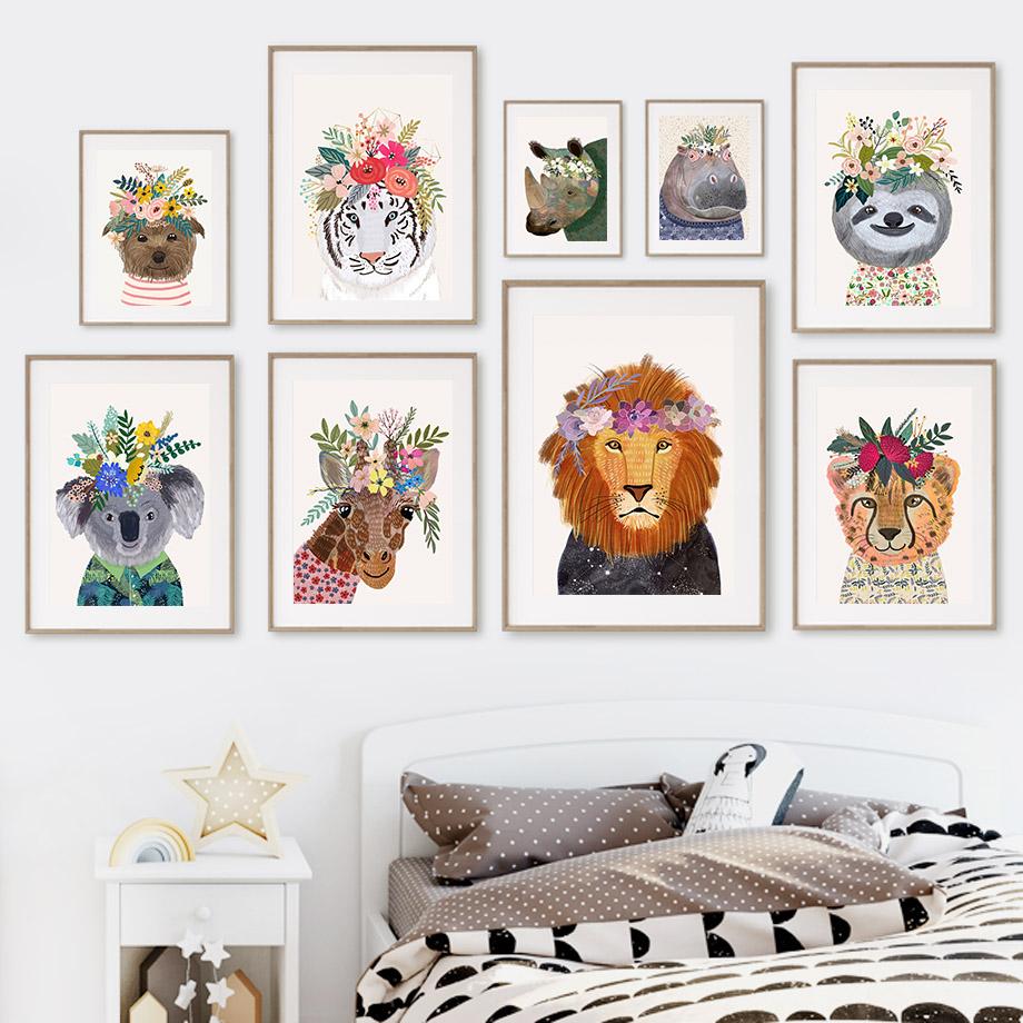 

Lion Giraffe Teddy Cheetah Koala Flower Wall Art Painting Nordic Posters and Prints Wall Living Room Picture