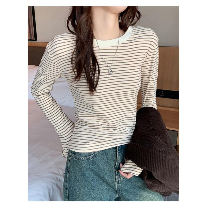 Women S Round Neck Striped Long Sleeve T Shirt Autumn Winter Base Layer Slim Fit Top