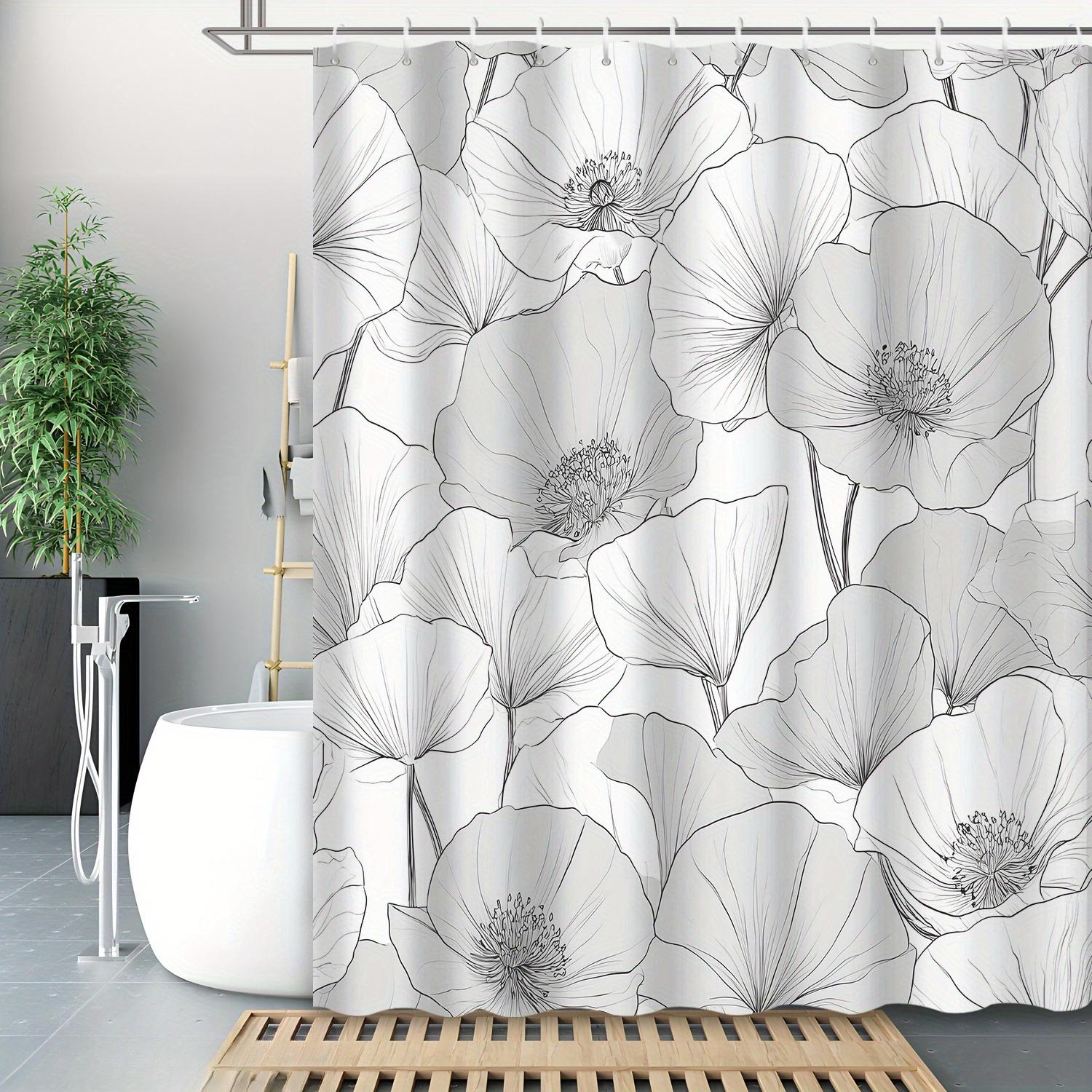 

1Pc Black And White Floral Striped Shower Curtain, Polyester Fabric, With 12 Hooks, Shower Curtain, Bathroom Accessories. W60H190(CM)-1 Pcs