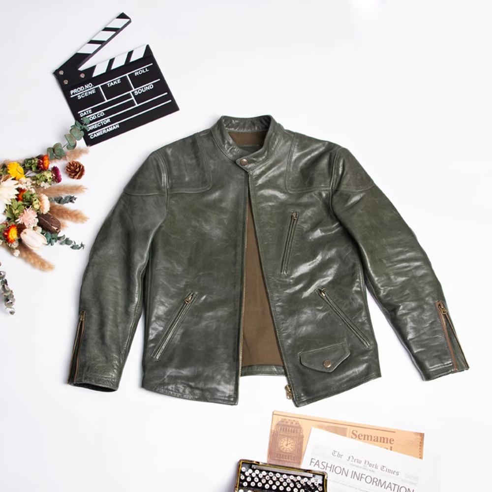 

Мужская кожаная куртка китайского размера из натуральной коровьей кожи армейского зеленого цвета с воротником-стойкой, тонкая, короткая S