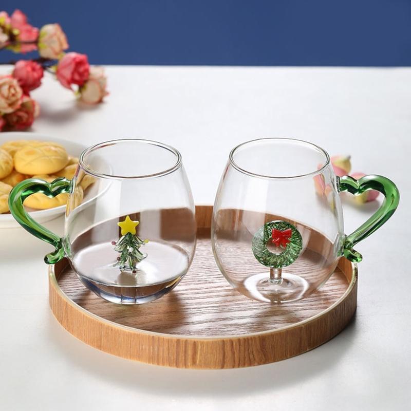 Unique Christmas Glass Mug Elegant 3D Christmas Glasswares Wreath Designs Cup for Holiday Celebration