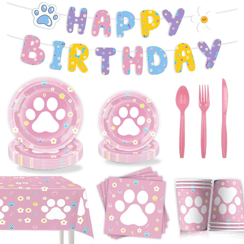 Cute Dog Paw Party Supplies: Disposable Tablecloth, Plates, Napkins, Cups, Decorations.