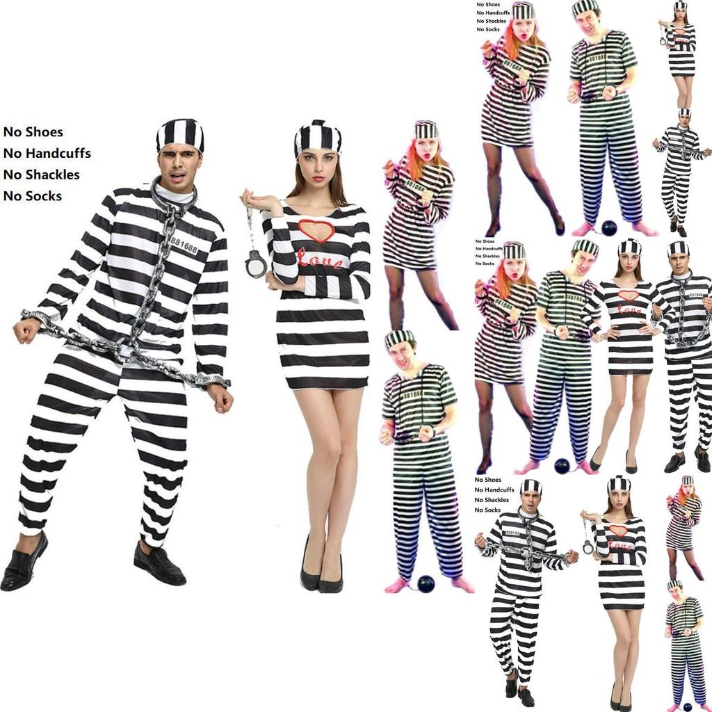 Gefangenenkostüm für Männer und Frauen mit Streifenmuster für Halloween und Cosplay-Events