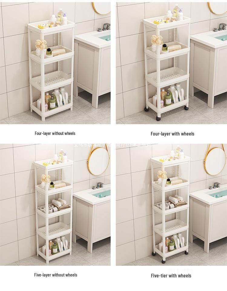 Vícepatrový koupelnový úložný vozík na kosmetiku a svačiny, stojící na podlaze