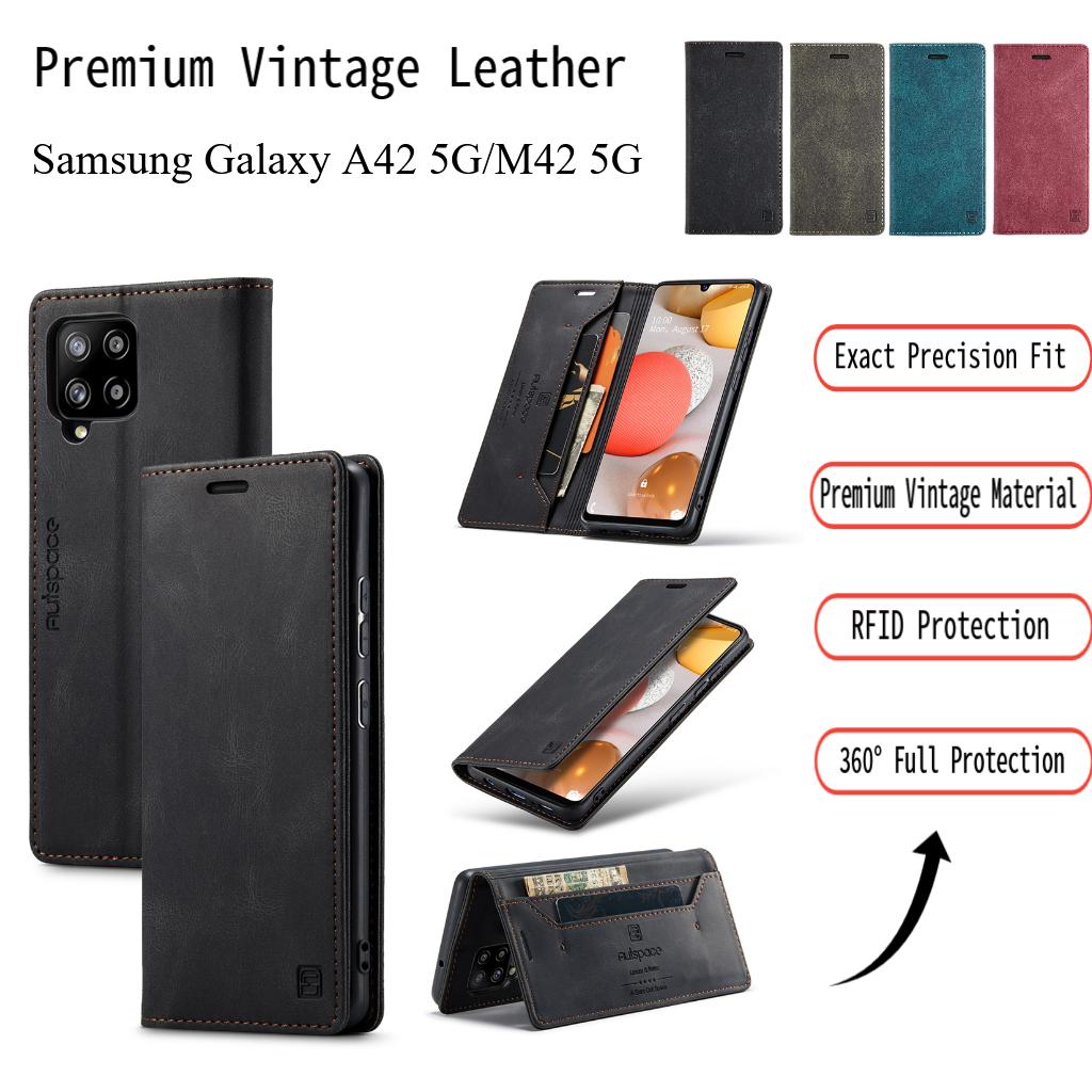 Premium Vintage Leather Wallet Case for Samsung Galaxy A42 5G / M42 5G - RFID Protection,Flip Cover with Card Slots,Shockproof Retro Style (4 Colors)