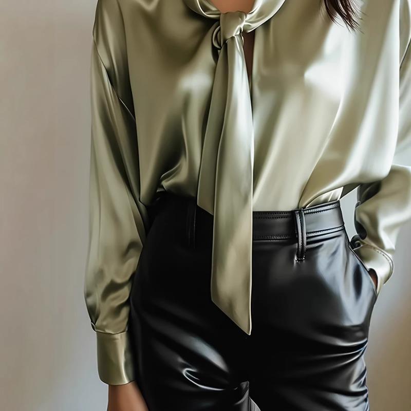 Spring New Style Fashionable and Elegant Solid Color Lace-up Satin High-end Long-sleeved Shirt for Women