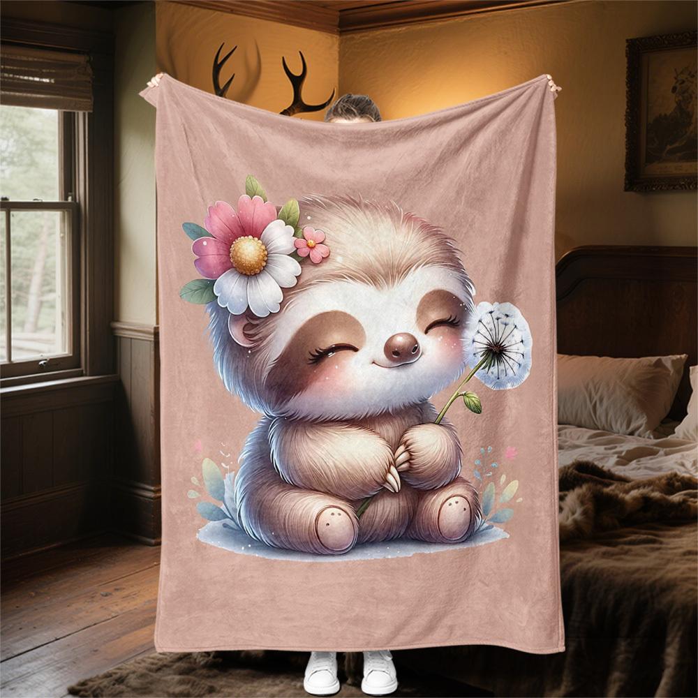 1pc Sloth Flowers Outdoor Flannel Blanket Soft Warm All-Season Throw for Sofa Bed Car Camping Office, Cozy Gift Idea1283S