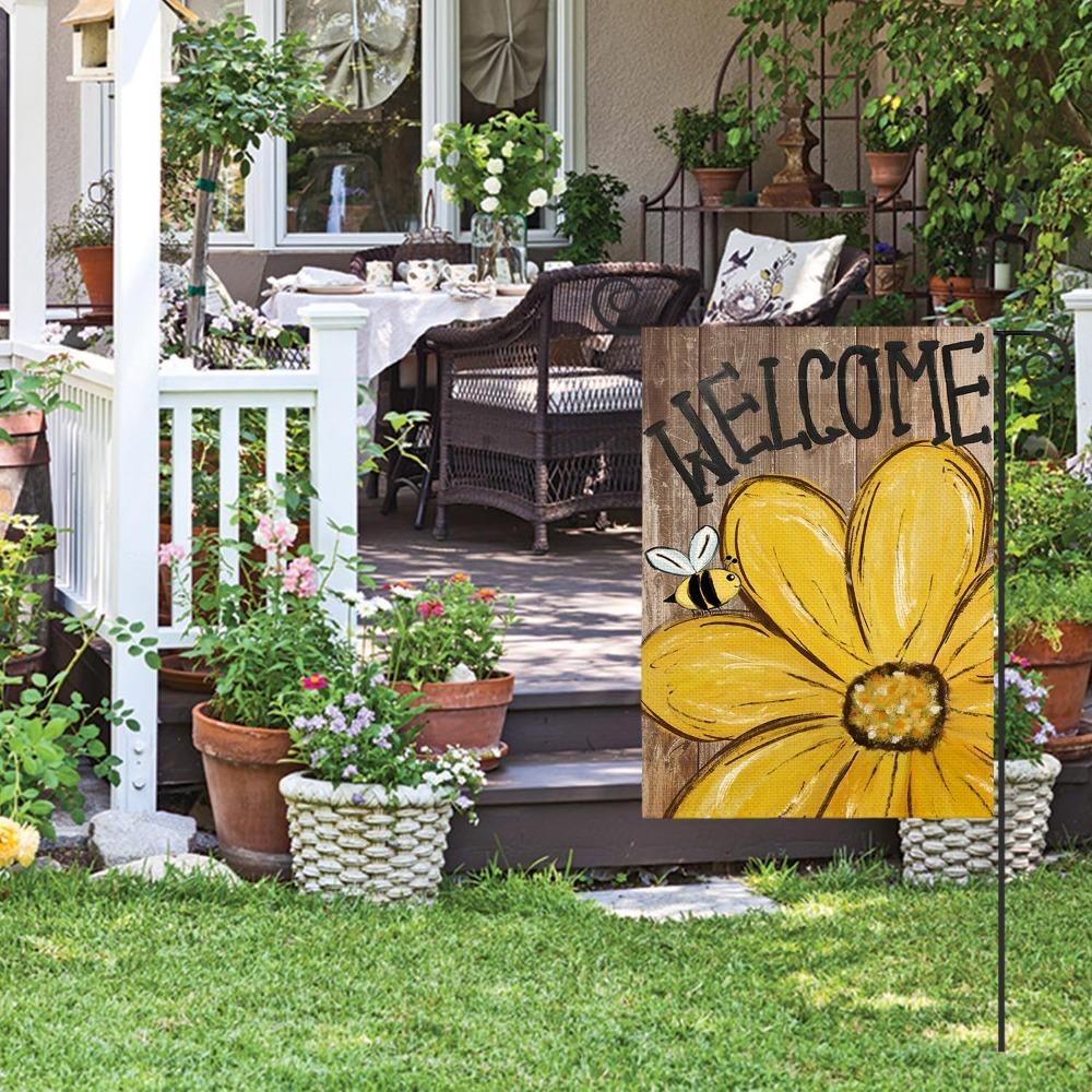 2pcs Bee Sunflower Spring Summer Garden Flag 12x18 Inch Double Sided Outside Welcome Wood Grain Yard Outdoor Flag