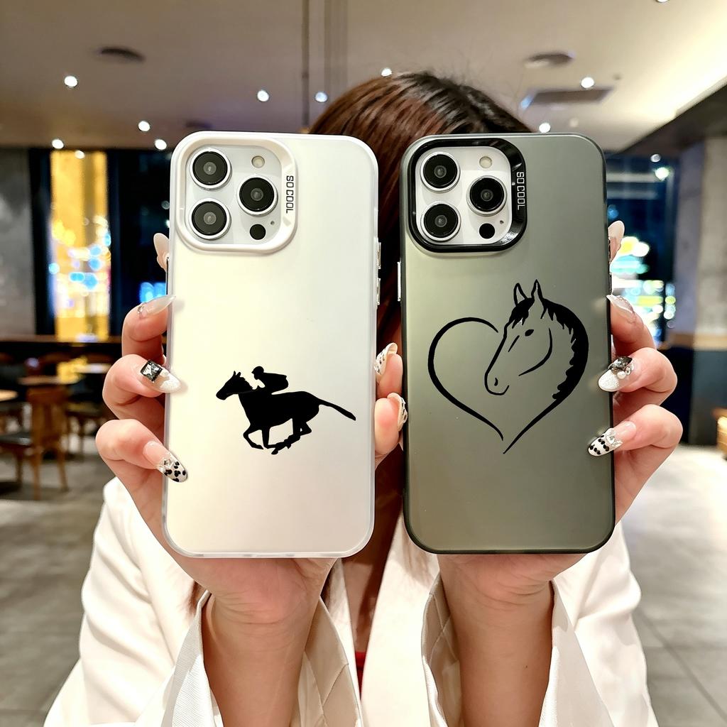 Color Phone Case For iPhone 17 16E 16 11 15 14 Pro MAX 12 13 MINI 7 8 Plus XR SE Silver Plated IMD Cover Protection Horse Art