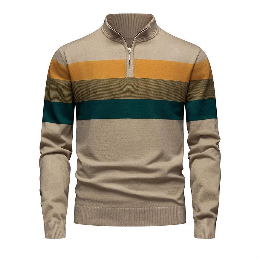Autumn Winter Knitted Sweater Men Half Zipper Striped Pullovers Stand Collar Knit Casual Sweater Man