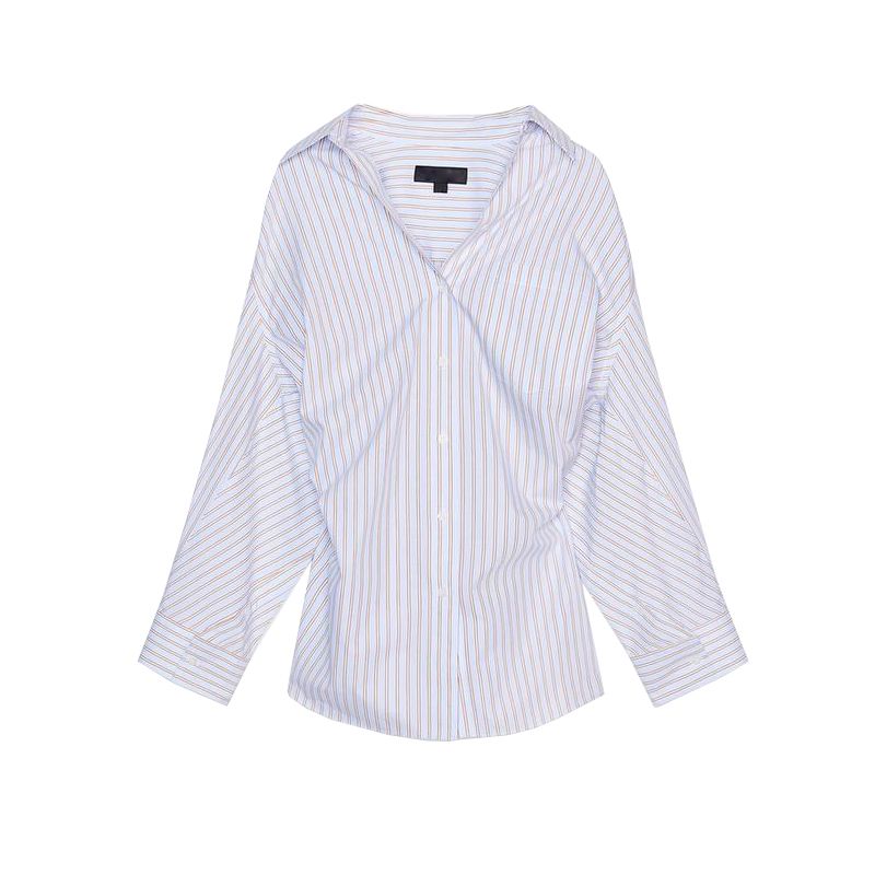 Lapel Long Sleeves Loose Poplin Shirt 2020458 Stripes Vacation Style Mid Waist Casual Culotte 6929410