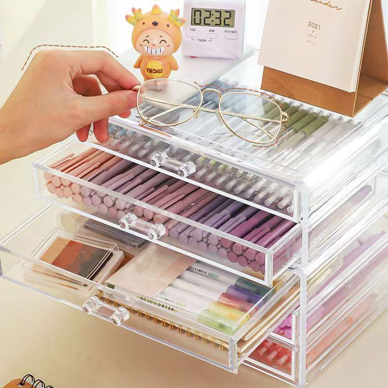 Clear Desk Organizers and Acssories, Stackable Makeup Storage Box Plastic Drawer Organizer for Home Offi Supplies Art Craf