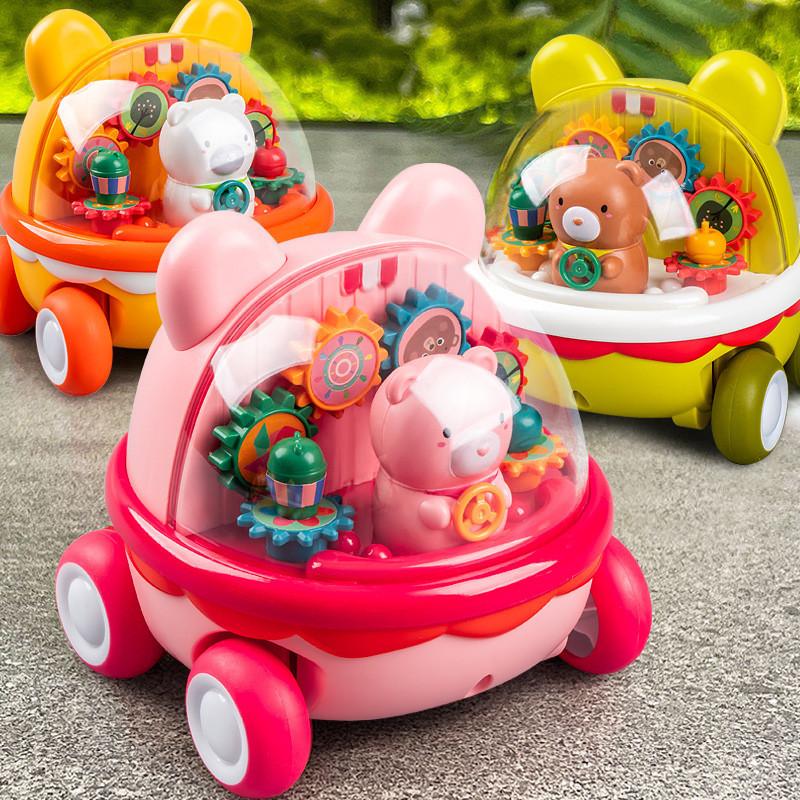 Childrens Puzzle Toy Transparent Gear Cartoon Bear Push Car For Parent Child Interaction