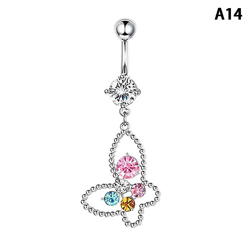 Pink Zircon Belly Button Rings Dangle Heart Butterfly Navel Piercing Stainless Steel Belly Bar For Women Body Piercing Jewelry