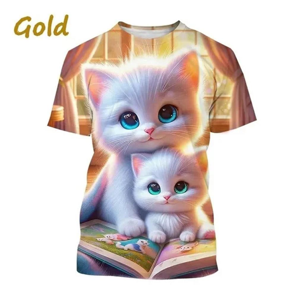 Children's T-Shirt Cute Cat Graphic Girl Round Neck Kids Clothes Fashion Summer Top