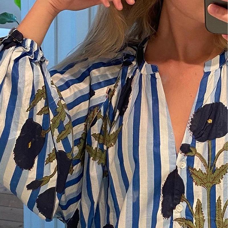 Loose Floral Women's Dress Stripe Long Sleeve V-neck Printed Maxi Dresses Female Spring Fashion Elegant Ladies Robe