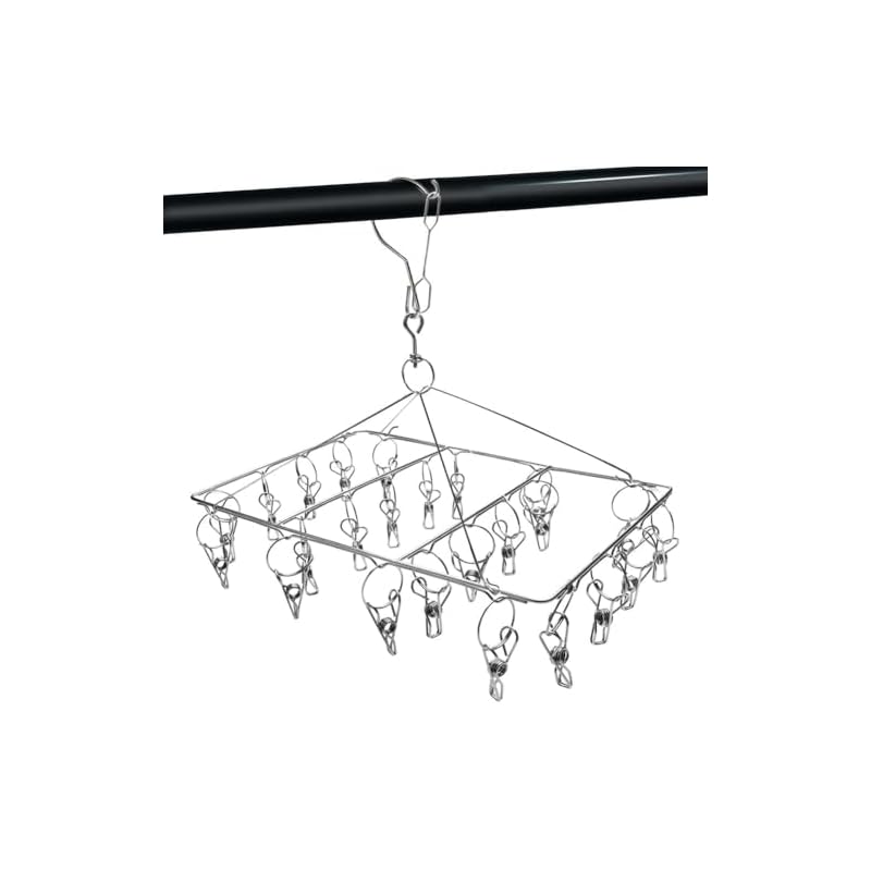 WudTus Stainless Steel Clothes Peg Hanger with 20 Pegs, Swivel Hooks, and Pegs for Drying Clothes. Windproof and suitable for drying socks, underwear,