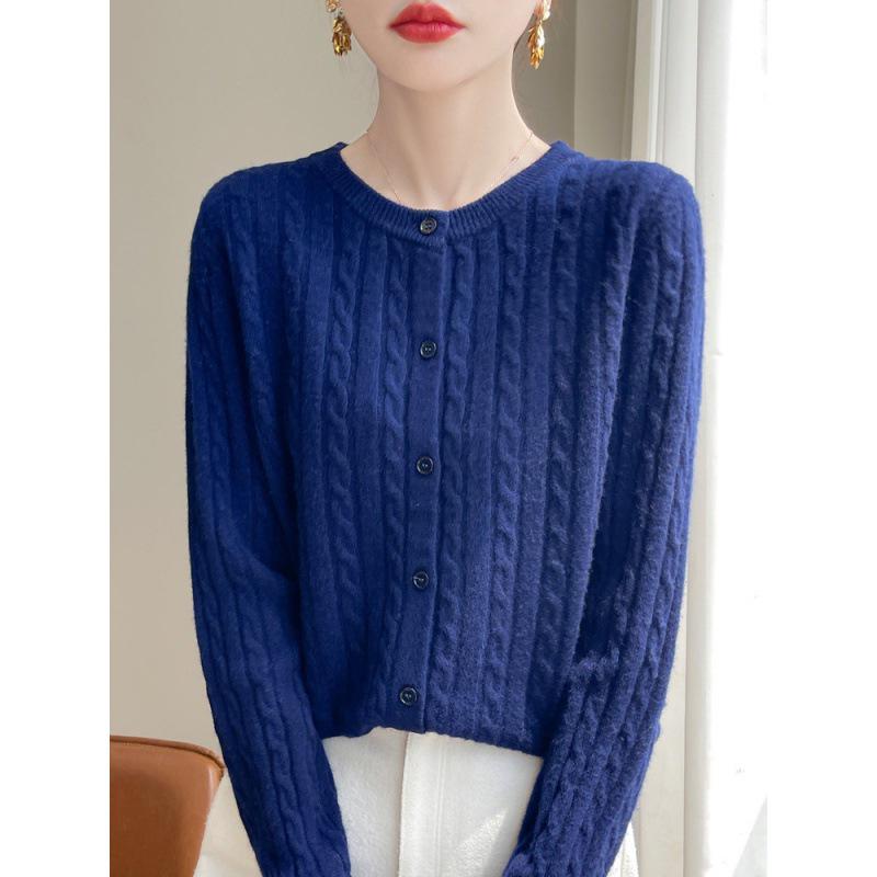 White Cable Knit Cardigan Coat - Women's Korean Slim Fit, Autumn Long Sleeve Sweater
