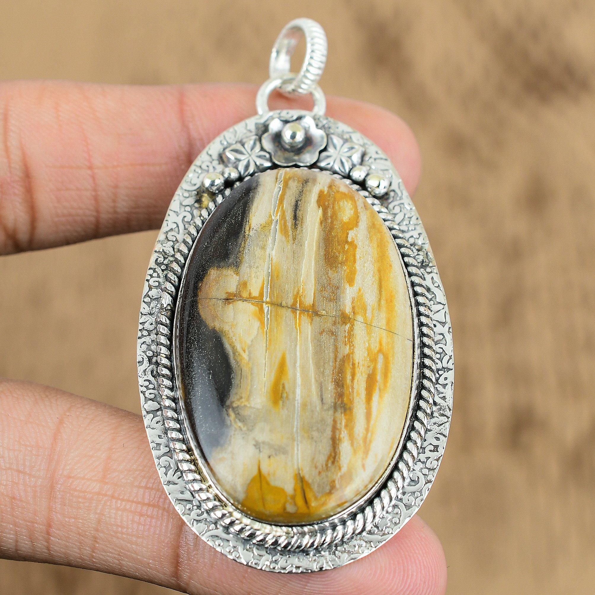 

925 Sterling Silver Natural Coconut Jasper Mother Flower Elegant Pendant Jewelry