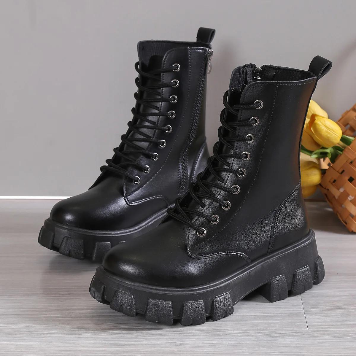 

2024 Новые женские ретро-ботфорты на платформе, женские круглые носки, на шнуровке, модные массивные туфли, короткие панк-ботинки Botas De Mujer 35 чёрный